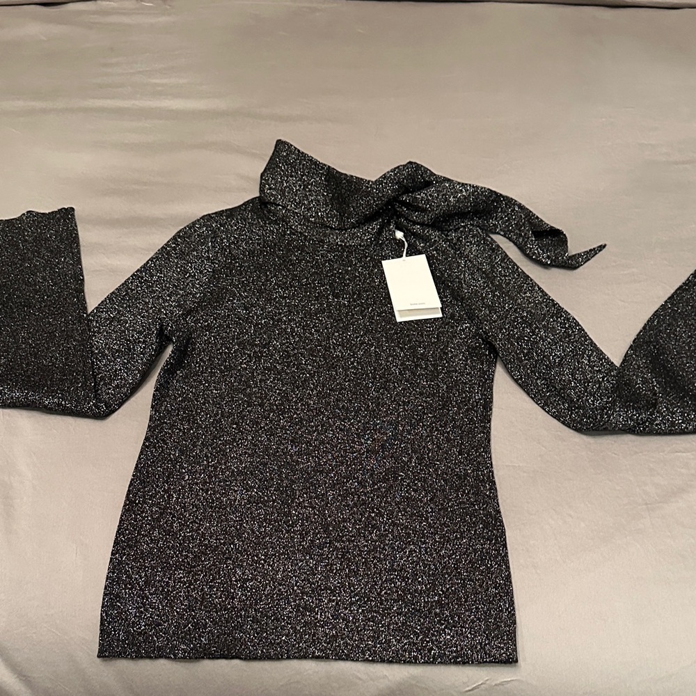 Hugo Boss Women Black Glitter Turtleneck Sweater with tie neck